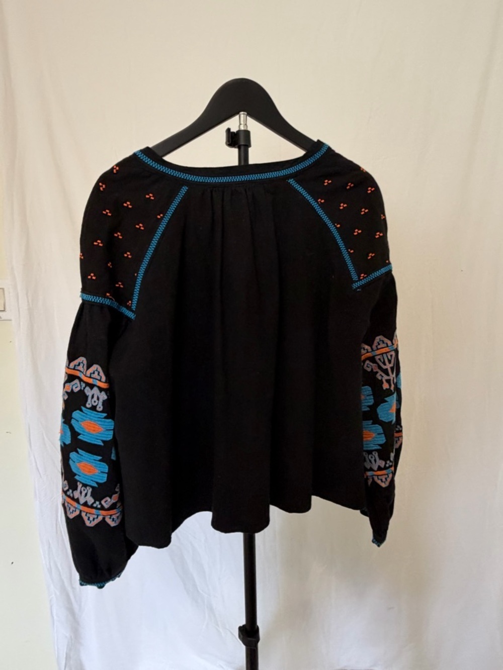 Free People Embroidered Tie-Front Boho Jacket Southwestern Puff Sleeve Black - Picture 12 of 12